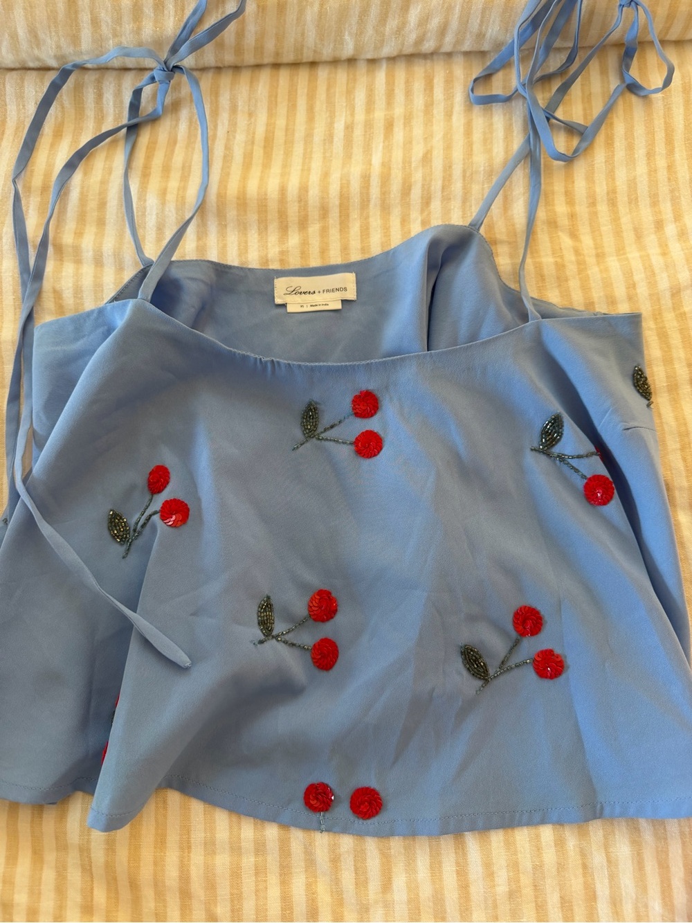 Lovers + Friends Sky Blue Cherry Embroidered Tie-Shoulder Camisole